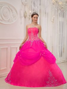 Strapless Taffeta and Tulle Appliqued Quinceanera Dress in Hot Pink