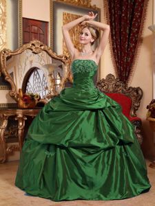 Strapless Taffeta Beaded Appliqued Quinceanera Dress in Green in Nicoya