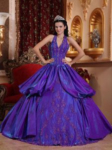 Purple Halter Floor-length Taffeta Quinceanera Dress with Appliques in Gravilias