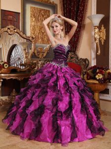 Multi-Colored Sweetheart Organza Beaded Ruffled Quince Dress in Mackay