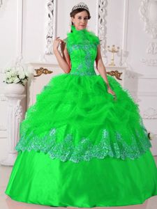 Halter Taffeta Beaded Appliqued Quinceanera Dress in Spring Green