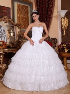 Strapless Taffeta and Tulle Beaded Quinceanera Dress in White in Purral