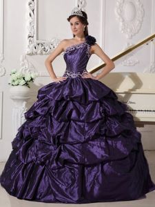 One Shoulder Taffeta Appliqued Purple Quince Dress with Pick-ups