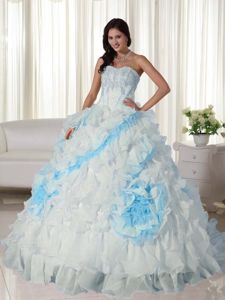 White Sweetheart Organza Appliqued Quince Dress with Court Train