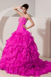 Hot Pink Sweetheart Taffeta Beaded Sweet 15 Dress with Brush Train in Bellevue