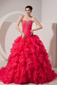 Sweetheart Taffeta Coral Red Beaded Quince Dress with Brush Train