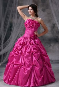 Hand Flowery Ruched Hot Pink Quinceanera Dress with Pick-ups in Neiva
