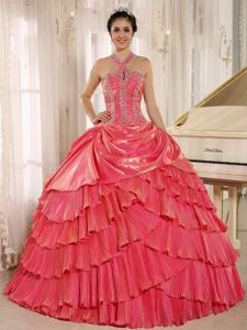 Halter Watermelon Pleated Quinceanera Dress with Beading in Ibague Colombia