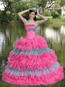 Multi-color Ruffled Layers and Diamonds Dress For Quinceanera in Amboy