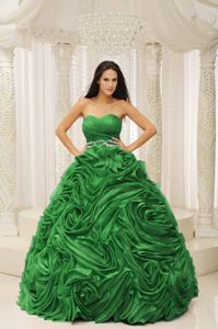 Clear Diamonds Ruche Rolling Flowers Green Quinceanera Gown Dresses