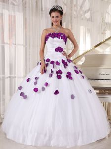 Vintage White Beaded Quinceaneras Dress with Purple Floral Appliques