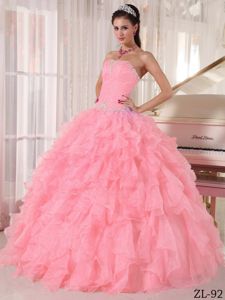 Watermelon Red Ruffles Ruche and Beading Quinceanera Gowns on Sale