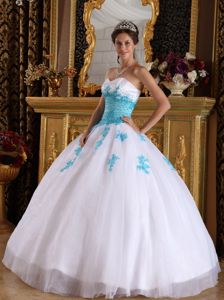 White Sweetheart Quince Dresses with Blue Floral Appliques in Clarksburg