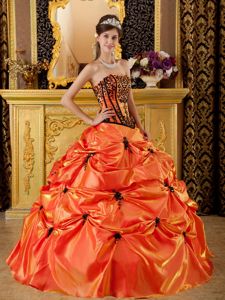 Orange Red Strapless Pick Ups and Embroidery Dress For Quince on Sale