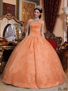 Fashion Orange Red Quinceanera Gown Dress with Ruche and Appliques