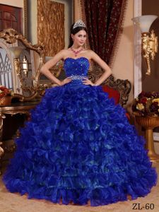 Sequins Ruching and Ruffled Layers Blue Quinceanera Gowns for Sale