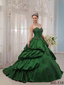 Popular Sweetheart Court Train Taffeta Appliqued Quinceanera Dress in Green