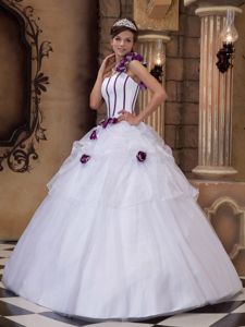 White One Shoulder Satin and Tulle Hand Made Flowers Quinceanera Dress in Easley