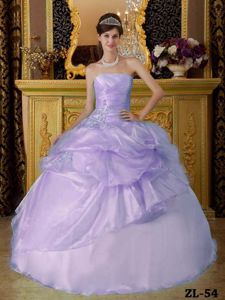 Lilac Ball Gown Strapless Floor-length Organza Beading Ruched Quinceanera Dress