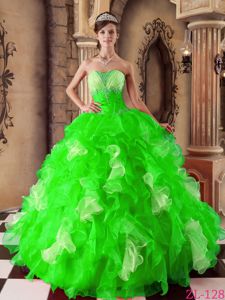 Spring Green Strapless Organza Quinceanera Dress with Beading and Ruffles