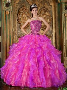 Hot Pink Strapless Beaded and Ruffled Organza Quinceanera Dress in Providence