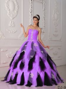 Princess Lilac and Black Strapless Appliques Quinceanera Dress in Providence RI