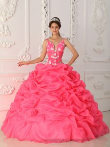 Discounted Watermelon Straps Satin and Organza Appliques Quinceanera Dress