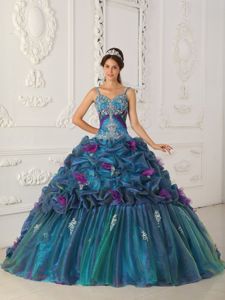 Teal Straps Organza Embroidery and Beading Quinceanera Dress in Charleston SC