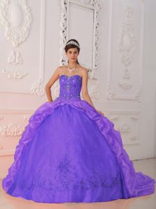 Purple Sweetheart Taffeta Beading and Appliques Quinceanera Dress with Train