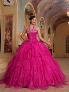 Hot Pink Halter Top Embroidery and Ruffled layers Organza Quinceanera Dresses