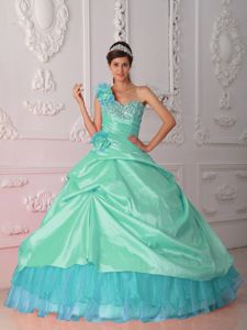 Apple Green One Shoulder Organza and Taffeta Beading and Flowers Quince Dress