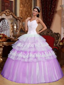 Lilac and White Spaghetti Straps Organza Quinceanera Dress with Appliques in Payson