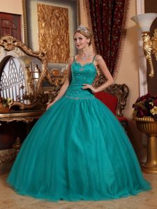 Desirable Teal Spaghetti Straps Quinceanera Dress with Ruching and Beading