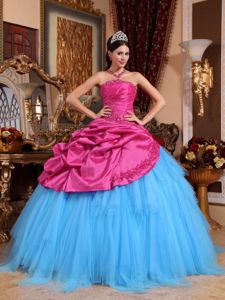 New Hot Pink and Blue Strapless Appliques and Beading Quinceanera Dress