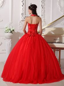 Romantic Red Tulle Beading Halter Top Red Quinceanera Dress with Lace -up