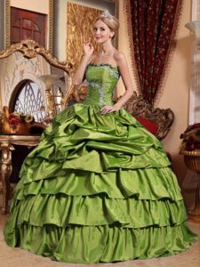 Olive Green Strapless Taffeta Appliques and Pick-ups Quinceanera Dresses