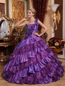 One Shoulder Taffeta and Organza Hand Flowery Quinceanera Dress