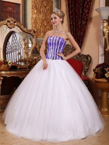 White Strapless Floor-length Tulle Quinceanera Dress with Squins in Montera