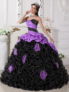 Purple and Black Organza Beaded Dress for Quince with Rolling Flowers