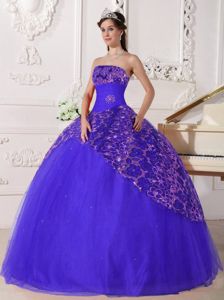 Blue Strapless Tulle Quinceanera Dress with Beading and Ruches in Acacas