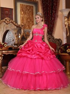 One Shoulder Beaded Quinceanera Dress in Hot Pink with Pick-ups in Florida