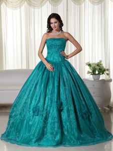 Strapless Floor-length Beaded Quinceanera Dress in Turquoise in Candelaria