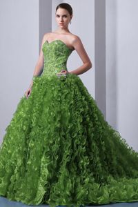 Olive Green Beaded Ruffled Quinceanea Dress with Brush Train in Apartad