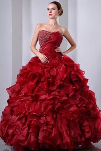 Sweetheart Organza Beaded Ruffled Quinceanea Dress in Wine Red