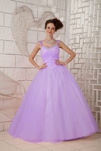 Straps Floor-length Tulle Beaded Quinceanea Gown Dress in Lilac in Pereira