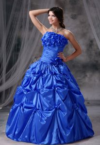 Hand Flowery Ruched Floor-length Blue Quince Dress with Pick-ups