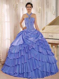 Halter Blue Pleated Quinceanera Dress with Beading in Riohacha Colombia