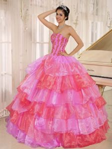 Ruflfled Appliqued Hot Pink and Red Customize Quinceanera Dress