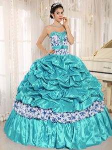 Beaded Quinceanera Dress with Pick-ups and Printing in Aqua Blue