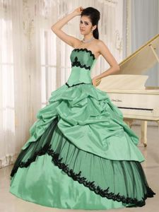 Green and Black Taffeta Appliqued Quinceanera Dress with Pick-ups